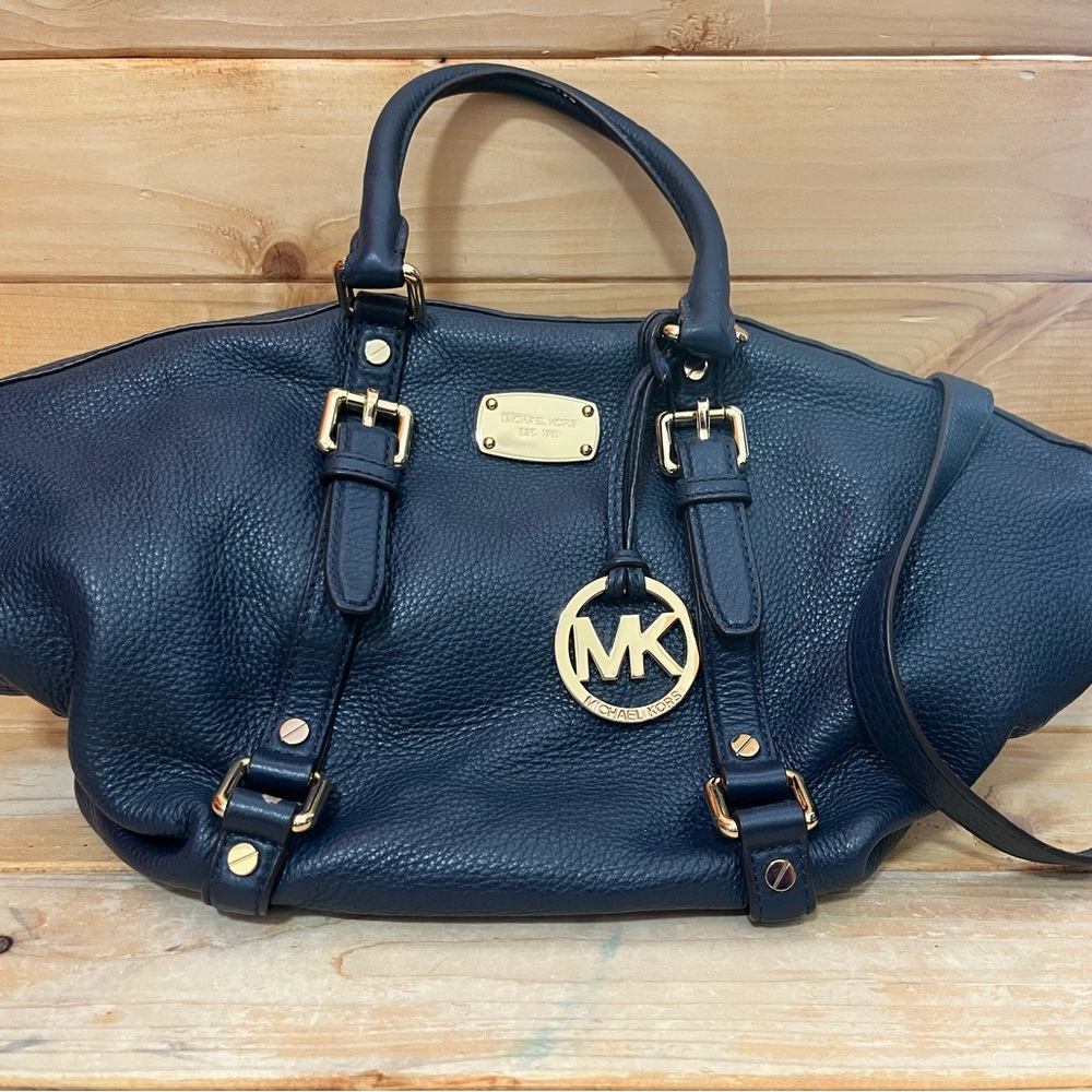 Michael Kors Bedford Belted DARK BLUE Pebbled Leather Satchel Shoulder Bag - Picture 2 of 13